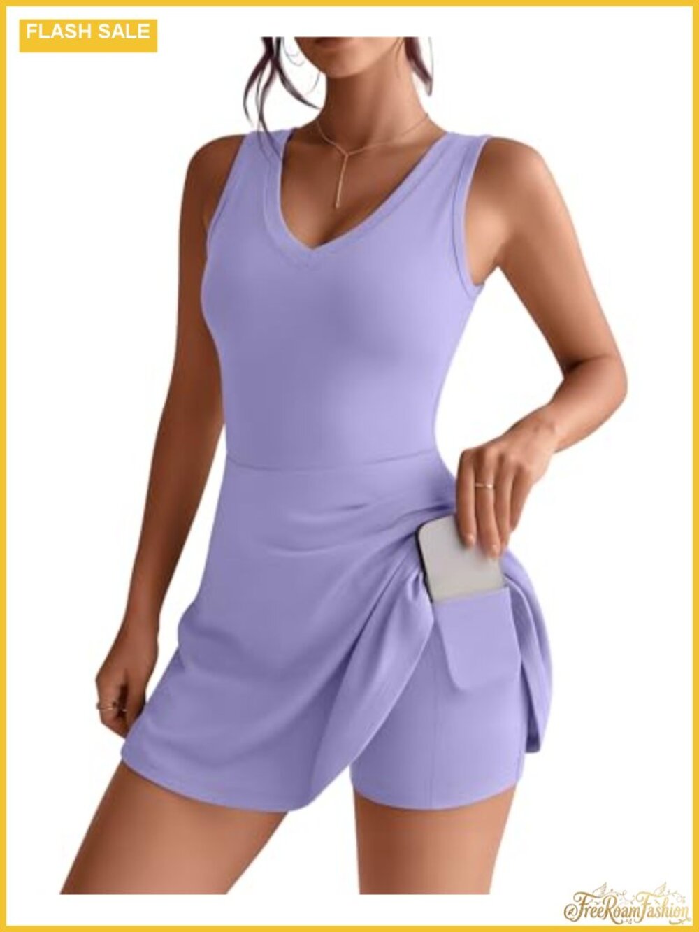 Women's Tennis Dress with Built-in Shorts, Sleeveless V-Neck Athletic Pullover